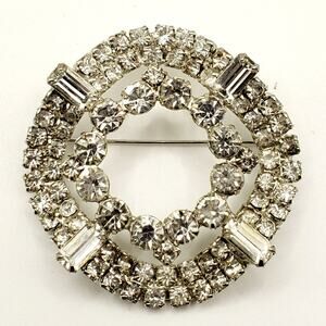 Round Rhinestone Brooch Prong Set Crystal Baguette Layered Pin Vintage 40s 50s